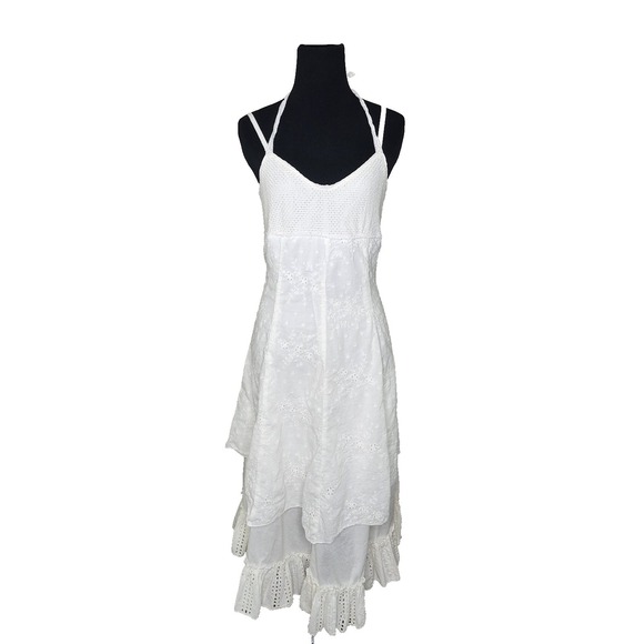 Jump Fish Dresses & Skirts - Womens White Cotton Floral Lace Tiered Lined Eyelet Midi Dress L-XL Wedding Fair